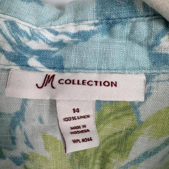 JM Collection top 14 blue green floral linen button up  workwear business career - Picture 2 of 5